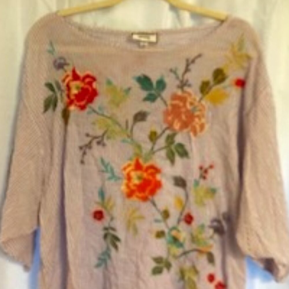 Very Pretty! Johnny Was Workshp Purple & White Stripes Embroidered Flowers sz LG